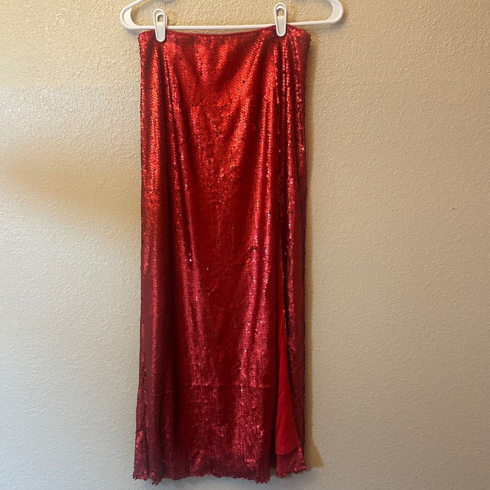 Storia Red Sequin Cocktail Party Holiday Paillette Midi High Slit Skirt Sz S NWT